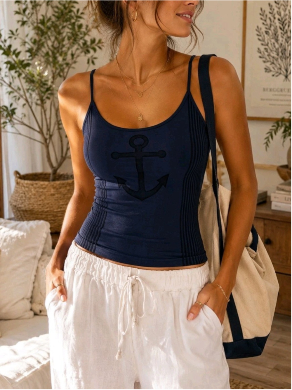 Free People Movement Anchor Tank Top Navy Blue Ribbed Cami Stretch Sz M/L NWOT